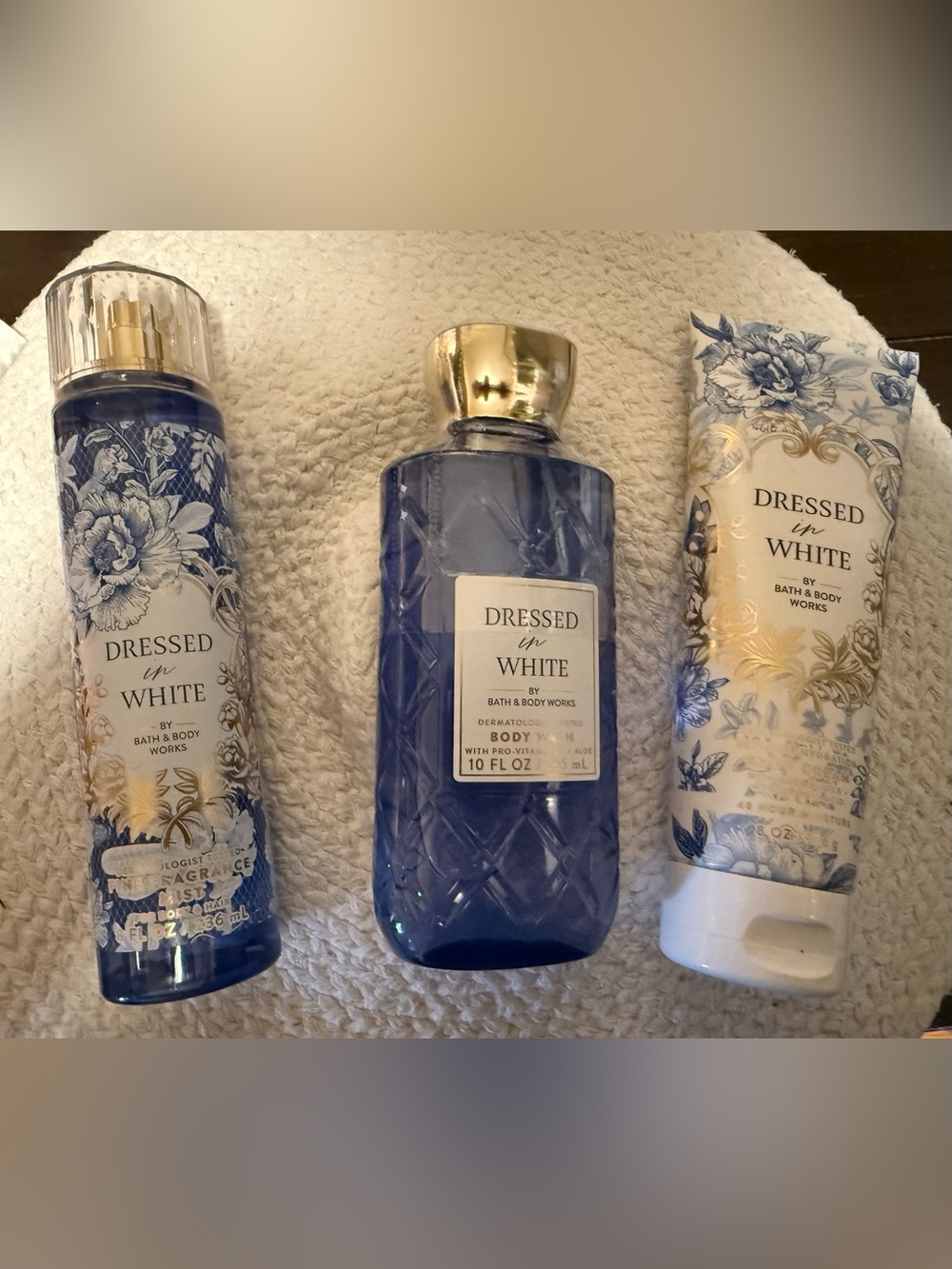 Bath & Body Works Dressed in White Trio in Blue and Gold Accents